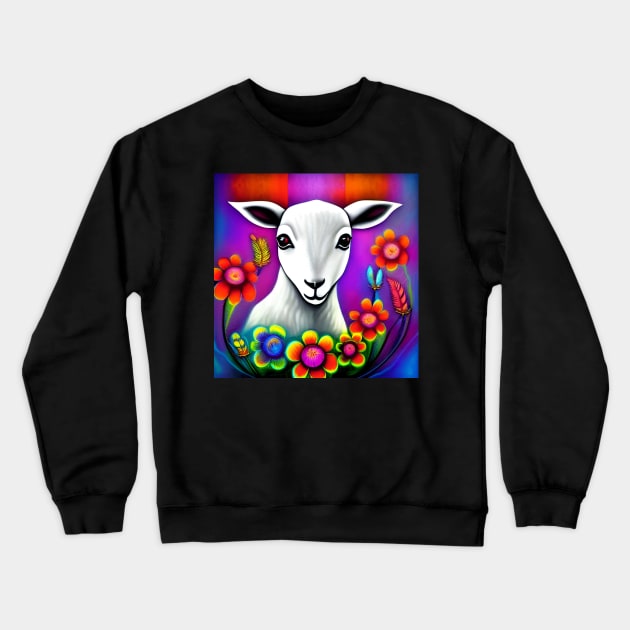 Little Lamb with Flowers and Feathers | Goat | Sheep Goat Crewneck Sweatshirt by ArtistsQuest